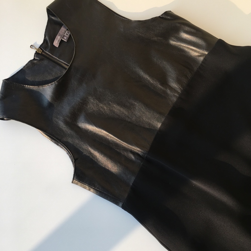 VINCE LEATHER AND SILK SHIFT DRESS